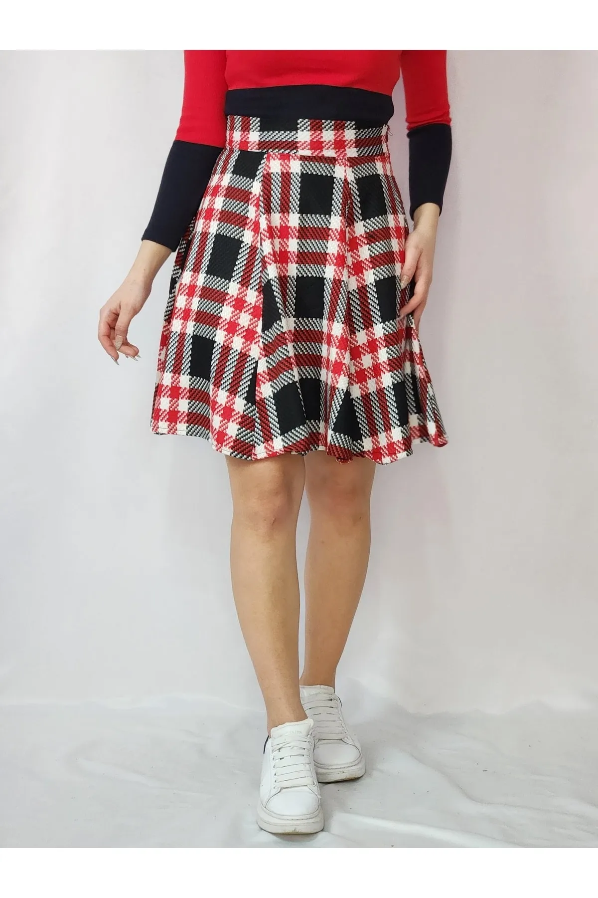 Kırmızı Ekose Desenli Çan Etek