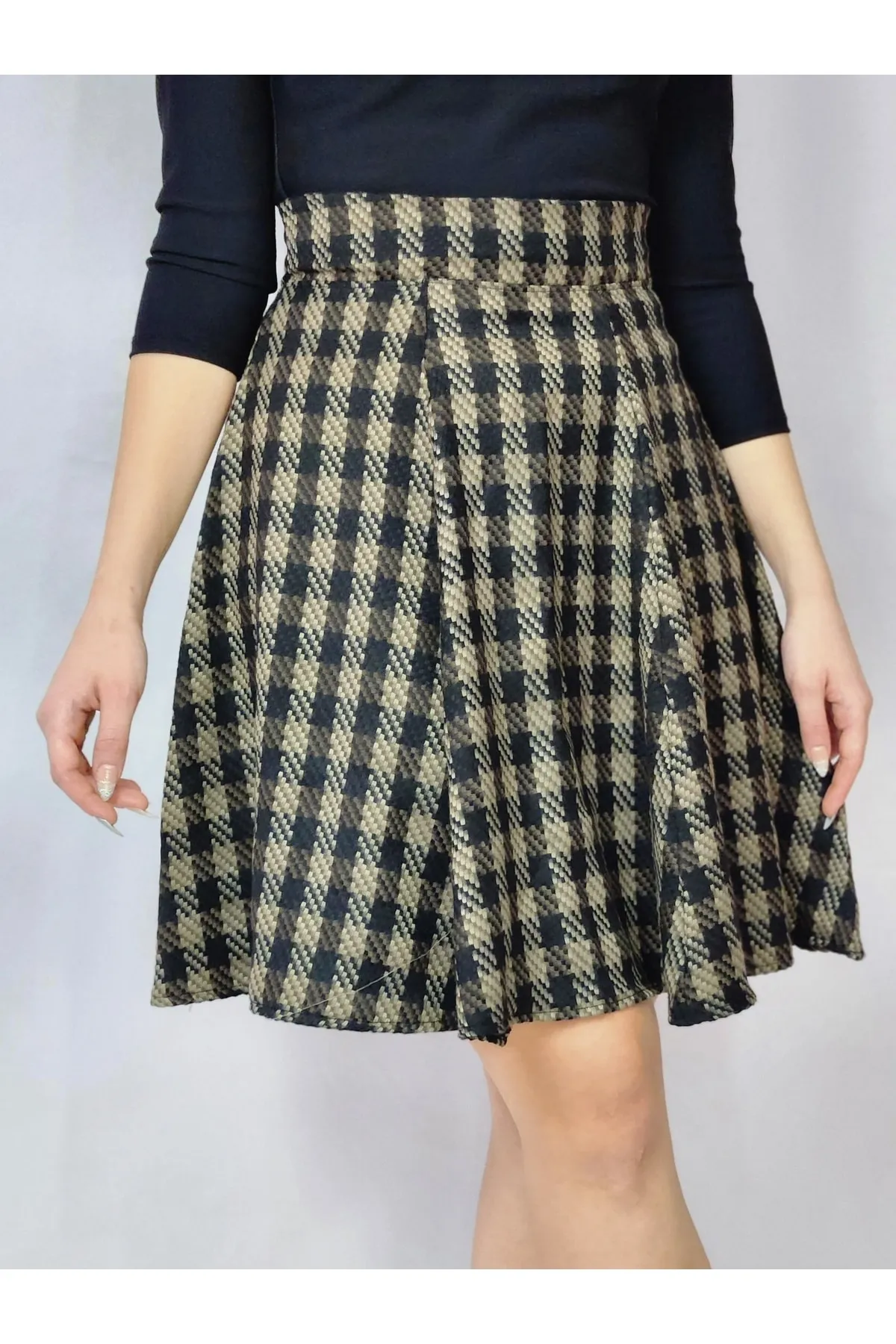 Haki Ekose Desenli Çan Etek